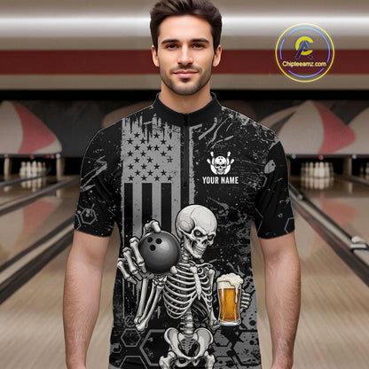 A close-up of a person wearing a black and gray distressed polo shirt with a skull-and-crossbones graphic, bowling pins, and the text 'YOUR NAME' on the chest. A circular 'Chipeamz.