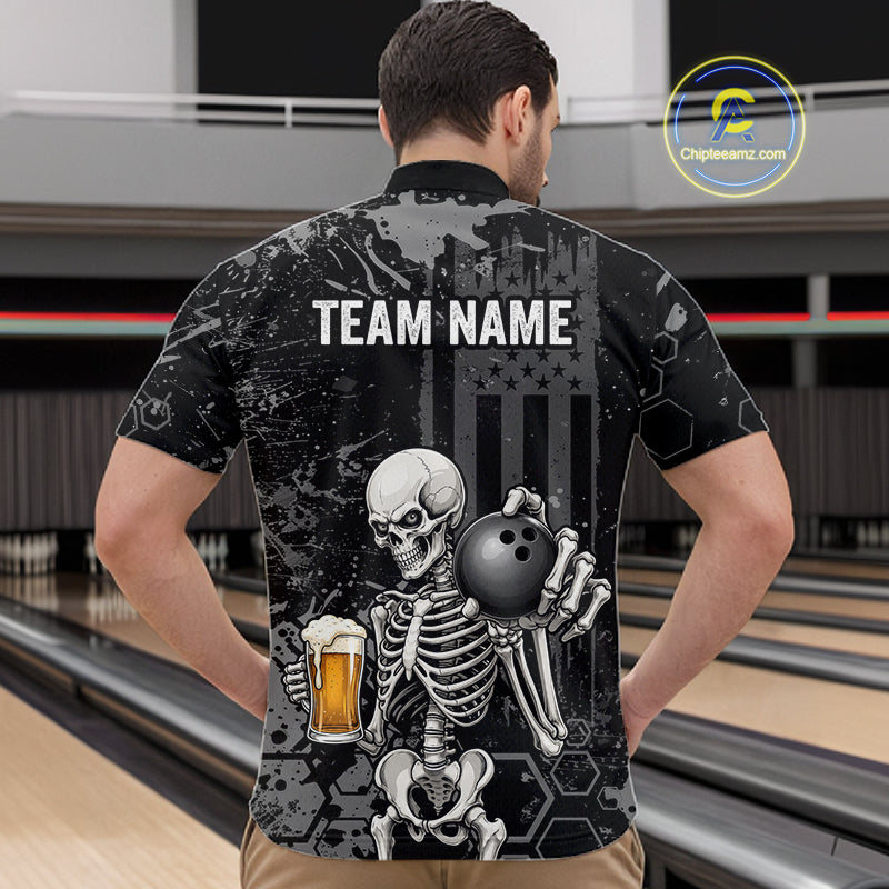 A man viewed from behind wearing a black short-sleeve bowling shirt with a large graphic of a skeleton holding a bowling ball and a beer mug, with 'TEAM NAME' printed across the back. The shirt is shown in a bowling alley setting.