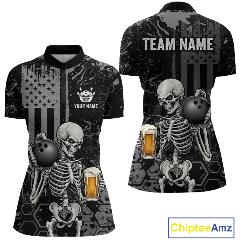 Front and back views of a black short-sleeve polo shirt with a distressed American flag design, skeleton graphics holding bowling balls and beer mugs, and customizable text areas reading 'YOUR NAME' and 'TEAM NAME'.