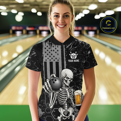 A woman standing in a bowling alley wearing a black short-sleeve polo shirt with a skeleton graphic holding a bowling ball and a beer glass, with a US flag motif and customizable text on the chest. A circular 'Chipleanic' watermark is visible in the top right.
