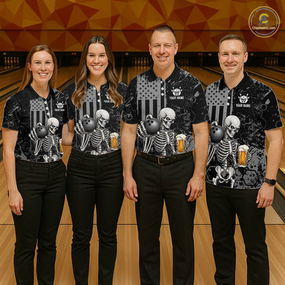 Four people standing together in a bowling alley wearing matching black short-sleeve bowling shirts with a skeleton and bowling pin graphic, paired with black pants. The shirts have a distressed American flag design and the text 'YOUR NAME' and 'TEAM'.