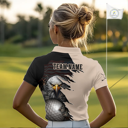 Women wearing a Personalized Eagle Golf Polo Shirt featuring a patriotic American flag design, fierce bald eagle holding a golf ball, custom name and team name, beige and black performance golf jersey for golfers and golf teams.