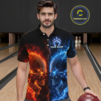 Men’s fire lightning skull bowling polo shirt, front view on male model in bowling lane 