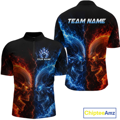 Custom fire lightning skull bowling jersey for men, custom team bowling quarter zip shirt front view and back view