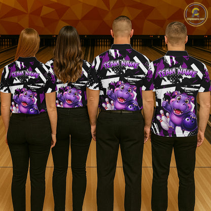 Four people wearing wearing of a black, white, and purple bowling quarter zip shirt featuring a cheerful purple hippo holding a bowling ball, with custom team name text.