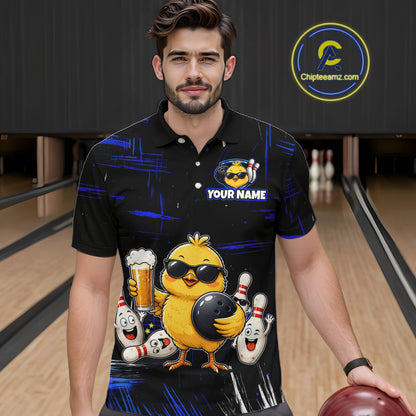 Man wearing a black bowling polo featuring a sunglasses-wearing yellow chick holding a bowling ball and beer, surrounded by smiling bowling pins, with personalized name and team name text.