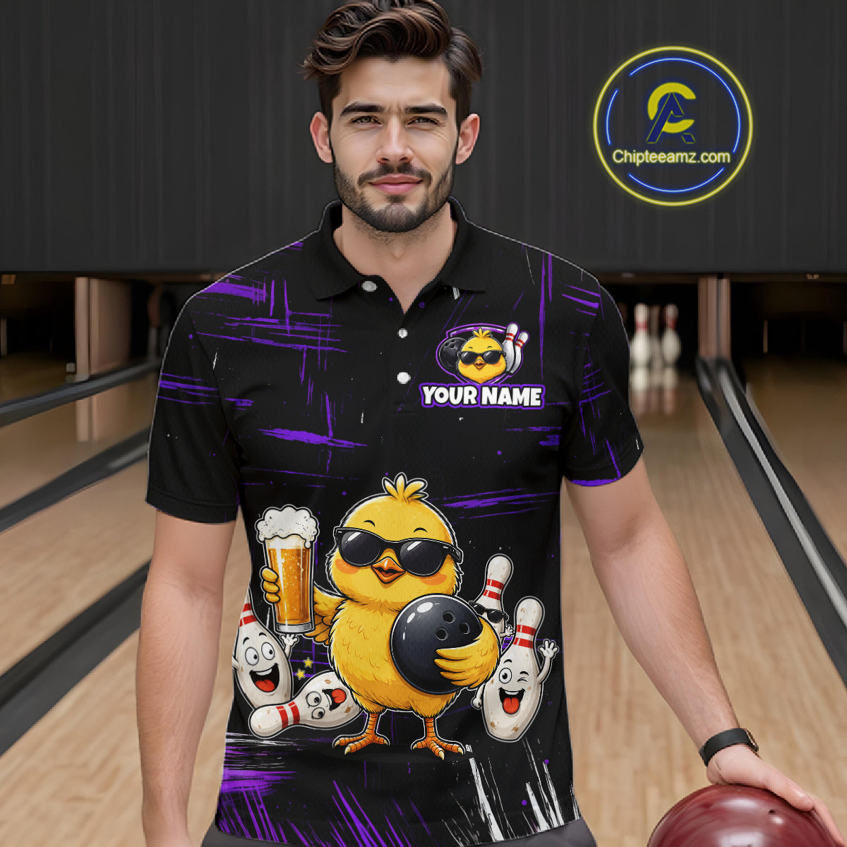 Man wearing black bowling polo featuring a sunglasses-wearing yellow chick holding a bowling ball and beer, surrounded by smiling bowling pins, with personalized name and team name text.