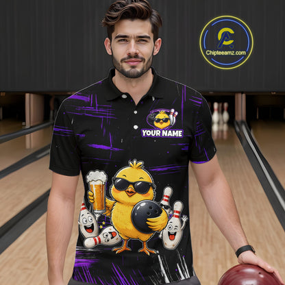 Man wearing black bowling polo featuring a sunglasses-wearing yellow chick holding a bowling ball and beer, surrounded by smiling bowling pins, with personalized name and team name text.