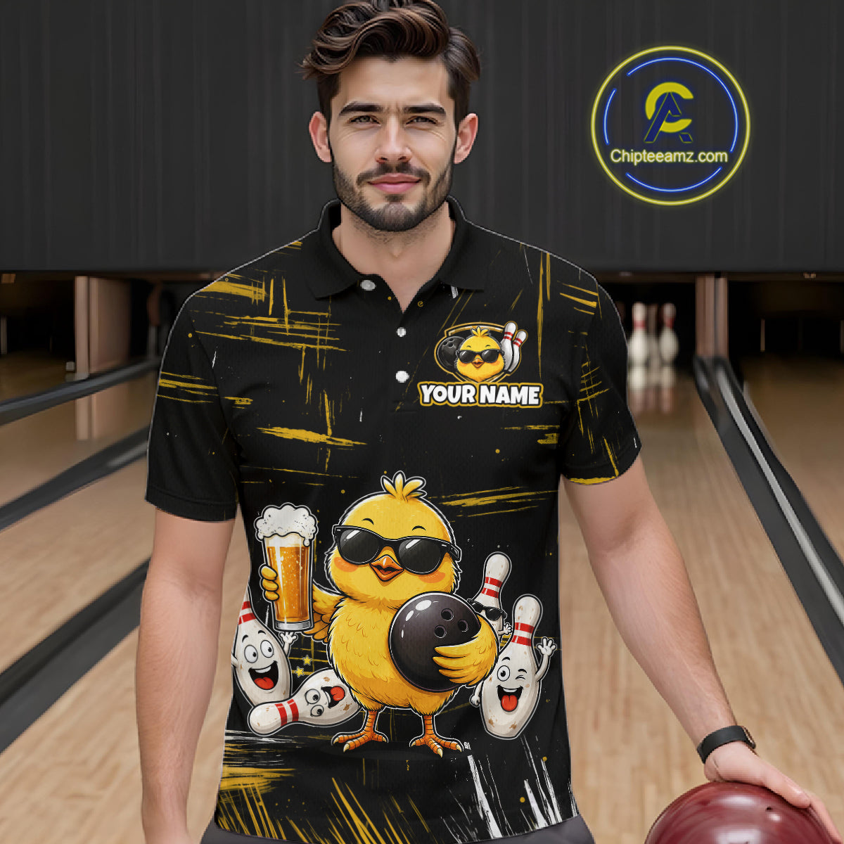 Man wearing a black bowling polo featuring a sunglasses-wearing yellow chick holding a bowling ball and beer, surrounded by smiling bowling pins, with personalized name and team name text.