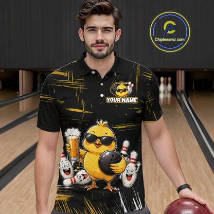 Man wearing a black bowling polo featuring a sunglasses-wearing yellow chick holding a bowling ball and beer, surrounded by smiling bowling pins, with personalized name and team name text.