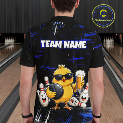 Man wearing a black bowling polo featuring a sunglasses-wearing yellow chick holding a bowling ball and beer, surrounded by smiling bowling pins, with personalized name and team name text.