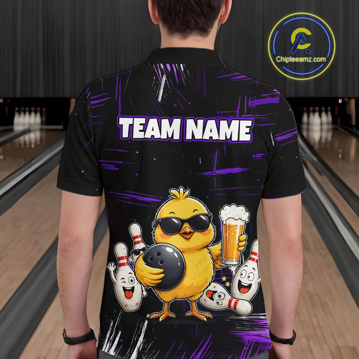 Man wearing black bowling polo featuring a sunglasses-wearing yellow chick holding a bowling ball and beer, surrounded by smiling bowling pins, with personalized name and team name text.