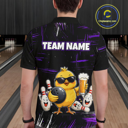 Man wearing black bowling polo featuring a sunglasses-wearing yellow chick holding a bowling ball and beer, surrounded by smiling bowling pins, with personalized name and team name text.