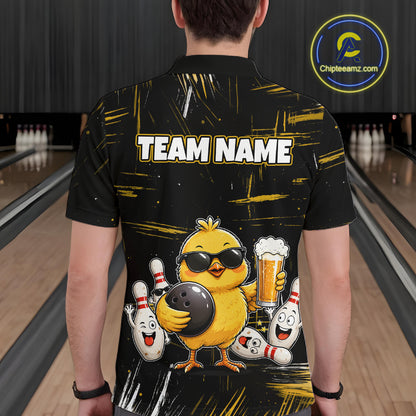 Man wearing a black bowling polo featuring a sunglasses-wearing yellow chick holding a bowling ball and beer, surrounded by smiling bowling pins, with personalized name and team name text.