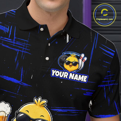 Man wearing a black bowling polo featuring a sunglasses-wearing yellow chick holding a bowling ball and beer, surrounded by smiling bowling pins, with personalized name and team name text.