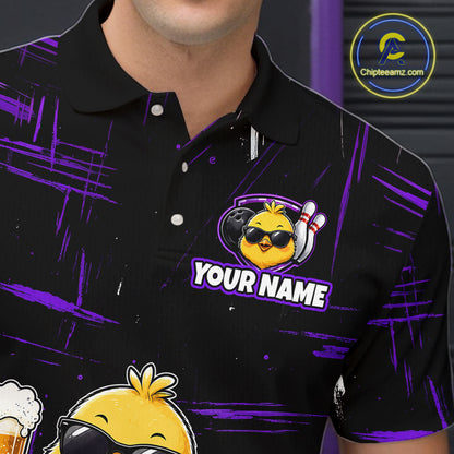 Man wearing black bowling polo featuring a sunglasses-wearing yellow chick holding a bowling ball and beer, surrounded by smiling bowling pins, with personalized name 