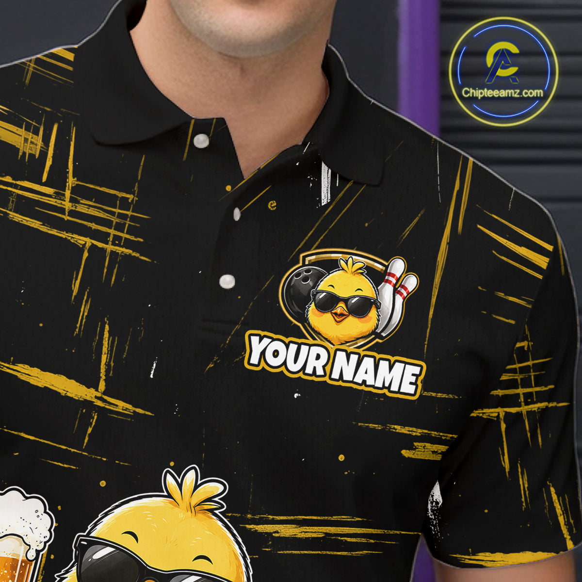 Man wearing a black bowling polo featuring a sunglasses-wearing yellow chick holding a bowling ball and beer, surrounded by smiling bowling pins, with personalized name text.