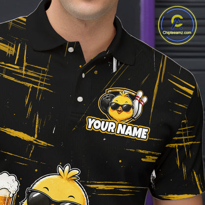 Man wearing a black bowling polo featuring a sunglasses-wearing yellow chick holding a bowling ball and beer, surrounded by smiling bowling pins, with personalized name text.
