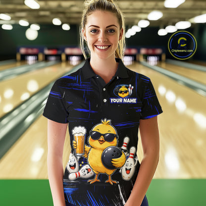 Women wearing bowling quarter zip shirt featuring a chick holding a bowling ball surrounded by smiling pins and beer graphics on black yellow background