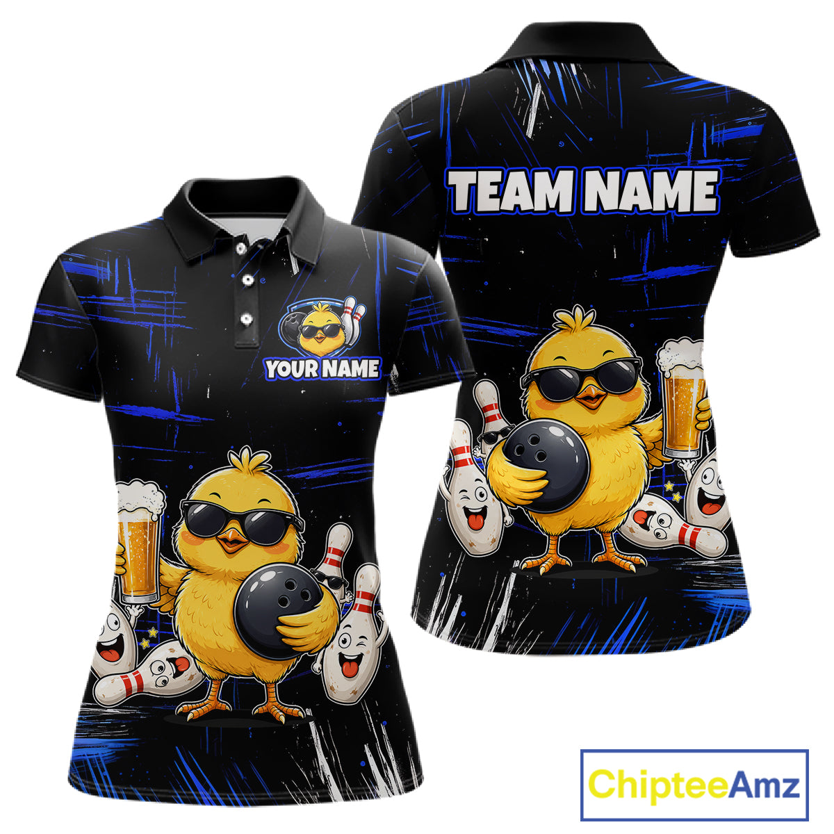 Front and back bowling polo shirt featuring a chick holding a bowling ball surrounded by smiling pins and beer graphics on black yellow background.