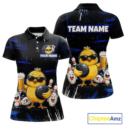 Front and back bowling polo shirt featuring a chick holding a bowling ball surrounded by smiling pins and beer graphics on black yellow background.
