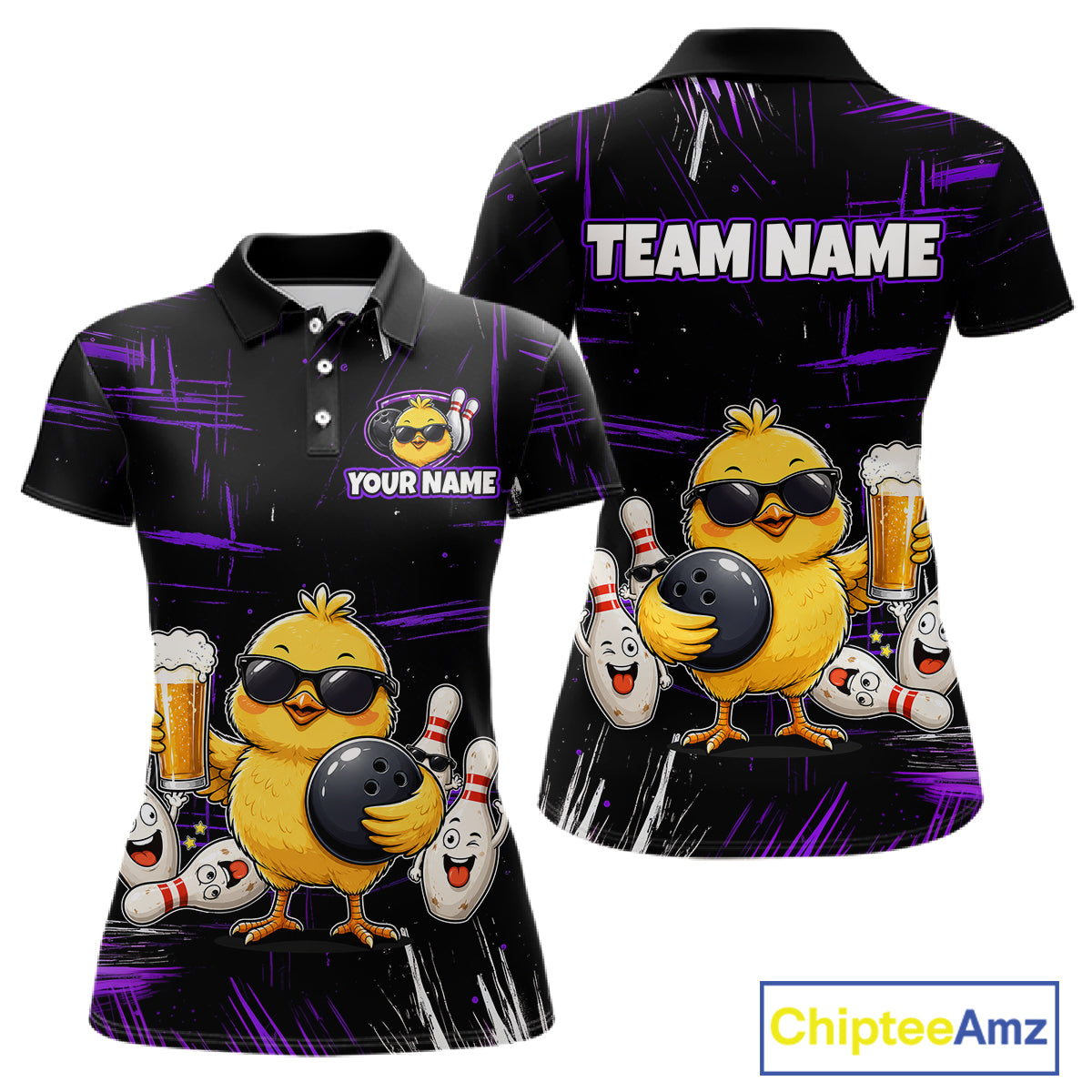 Front and back bowling polo shirt featuring a chick holding a bowling ball surrounded by smiling pins and beer graphics on black yellow background.