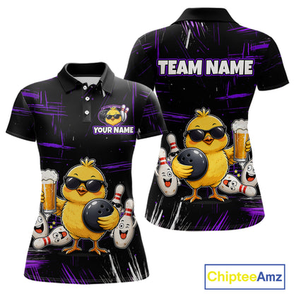 Front and back bowling polo shirt featuring a chick holding a bowling ball surrounded by smiling pins and beer graphics on black yellow background.