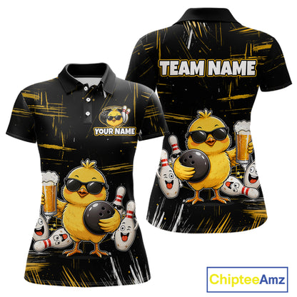 Front and back bowling polo shirt featuring a chick holding a bowling ball surrounded by smiling pins and beer graphics on black yellow background.
