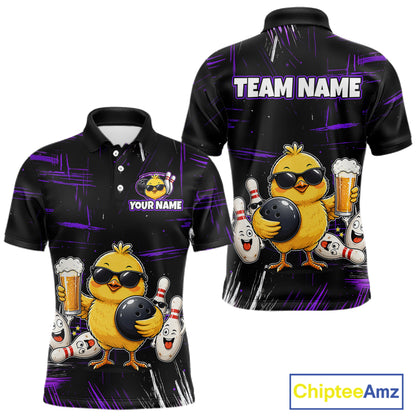 Front and back views of a black bowling polo featuring a sunglasses-wearing yellow chick holding a bowling ball and beer, surrounded by smiling bowling pins, with personalized name and team name text.