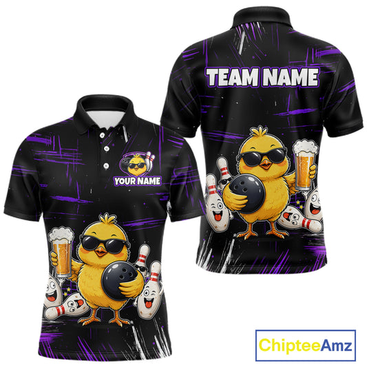 Front and back views of a black bowling polo featuring a sunglasses-wearing yellow chick holding a bowling ball and beer, surrounded by smiling bowling pins, with personalized name and team name text.