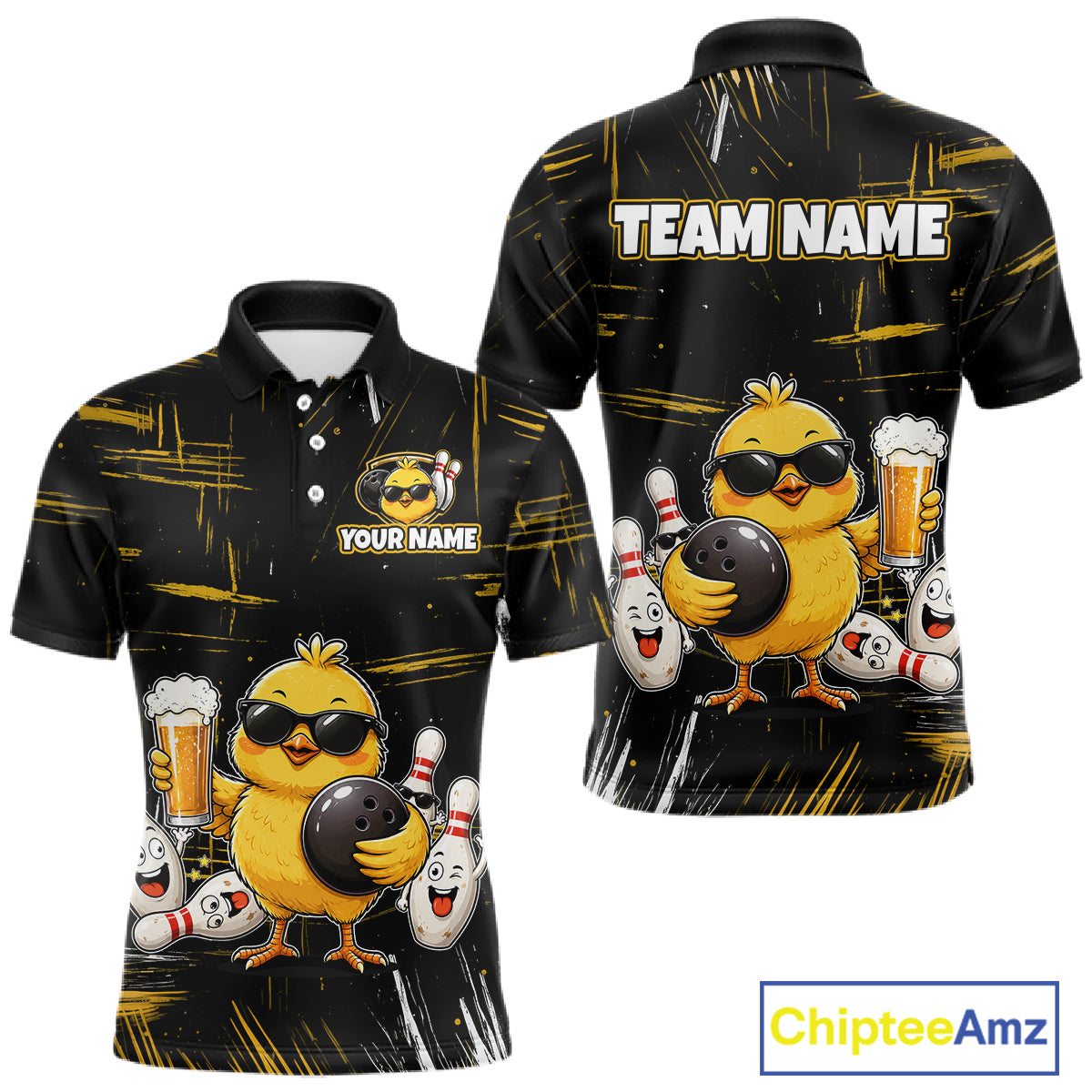 Front and back views of a black bowling polo featuring a sunglasses-wearing yellow chick holding a bowling ball and beer, surrounded by smiling bowling pins, with personalized name and team name text.