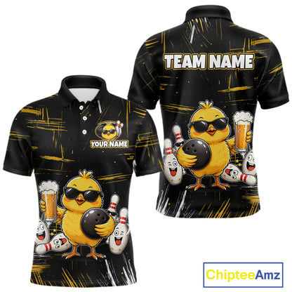 Front and back views of a black bowling polo featuring a sunglasses-wearing yellow chick holding a bowling ball and beer, surrounded by smiling bowling pins, with personalized name and team name text.