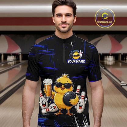 Man wearing a black bowling quarter zip featuring a sunglasses-wearing yellow chick holding a bowling ball and beer, surrounded by smiling bowling pins, with personalized name and team name text.