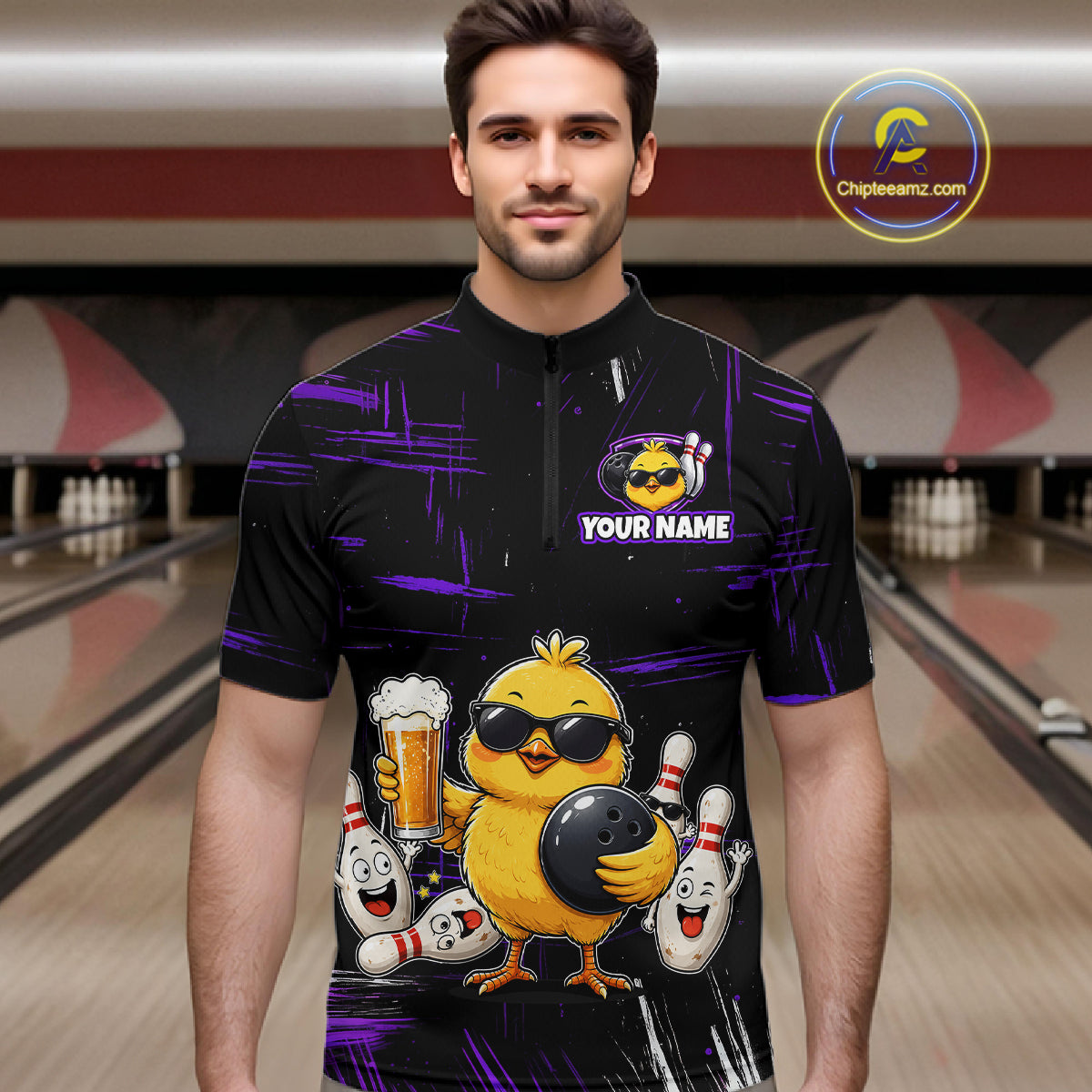 Man wearing black bowling polo featuring a sunglasses-wearing yellow chick holding a bowling ball and beer, surrounded by smiling bowling pins, with personalized name and team name text.