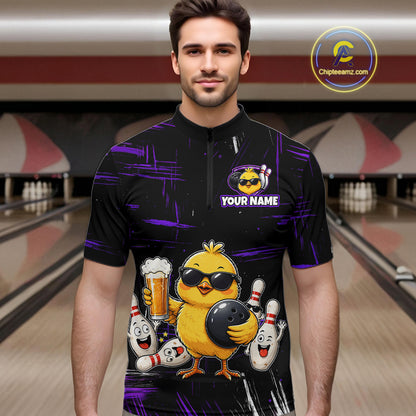 Man wearing black bowling polo featuring a sunglasses-wearing yellow chick holding a bowling ball and beer, surrounded by smiling bowling pins, with personalized name and team name text.