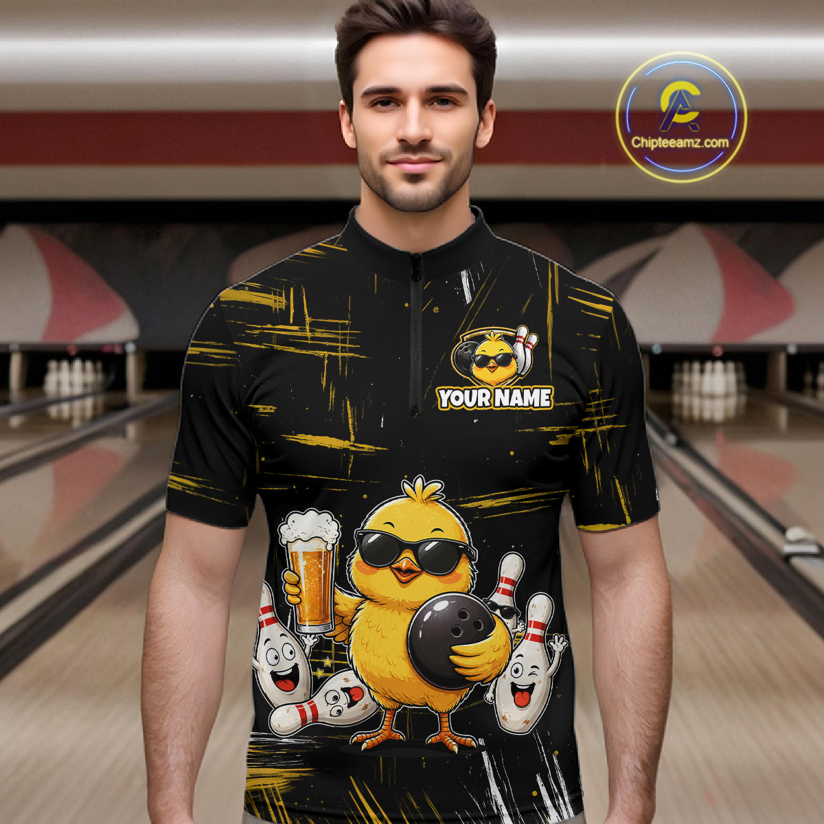 Man wearing a black bowling quarter zip featuring a sunglasses-wearing yellow chick holding a bowling ball and beer, surrounded by smiling bowling pins, with personalized name and team name text.