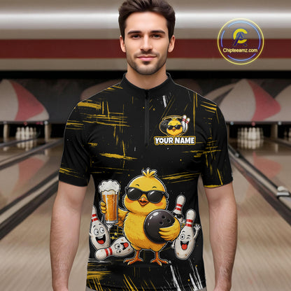Man wearing a black bowling quarter zip featuring a sunglasses-wearing yellow chick holding a bowling ball and beer, surrounded by smiling bowling pins, with personalized name and team name text.