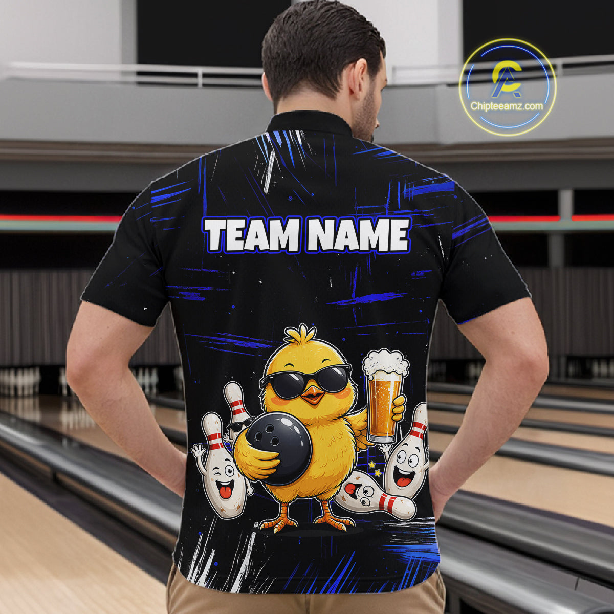 Man wearing a black bowling polo featuring a sunglasses-wearing yellow chick holding a bowling ball and beer, surrounded by smiling bowling pins, with personalized name and team name text.