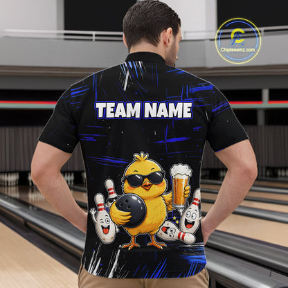 Man wearing a black bowling polo featuring a sunglasses-wearing yellow chick holding a bowling ball and beer, surrounded by smiling bowling pins, with personalized name and team name text.
