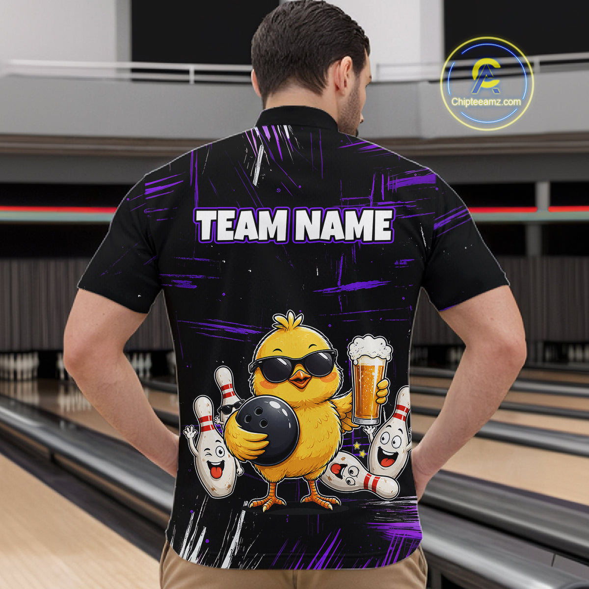 Man wearing black bowling quarter zip featuring a sunglasses-wearing yellow chick holding a bowling ball and beer, surrounded by smiling bowling pins, with personalized name and team name text.