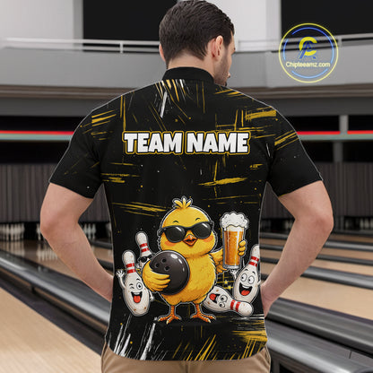 Man wearing a black bowling quarter zip featuring a sunglasses-wearing yellow chick holding a bowling ball and beer, surrounded by smiling bowling pins, with personalized name and team name text.