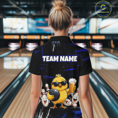 Women wearing bowling polo shirt featuring a chick holding a bowling ball surrounded by smiling pins and beer graphics on black yellow background