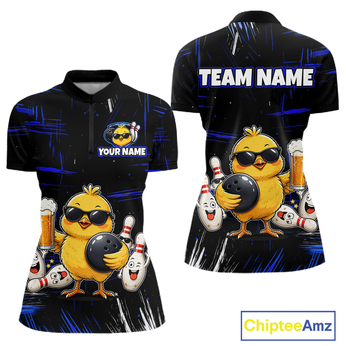 Front and back bowling quarter zip shirt featuring a chick holding a bowling ball surrounded by smiling pins and beer graphics on black yellow background.