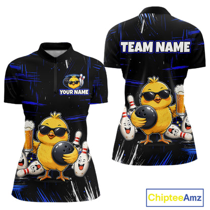 Front and back bowling quarter zip shirt featuring a chick holding a bowling ball surrounded by smiling pins and beer graphics on black yellow background.