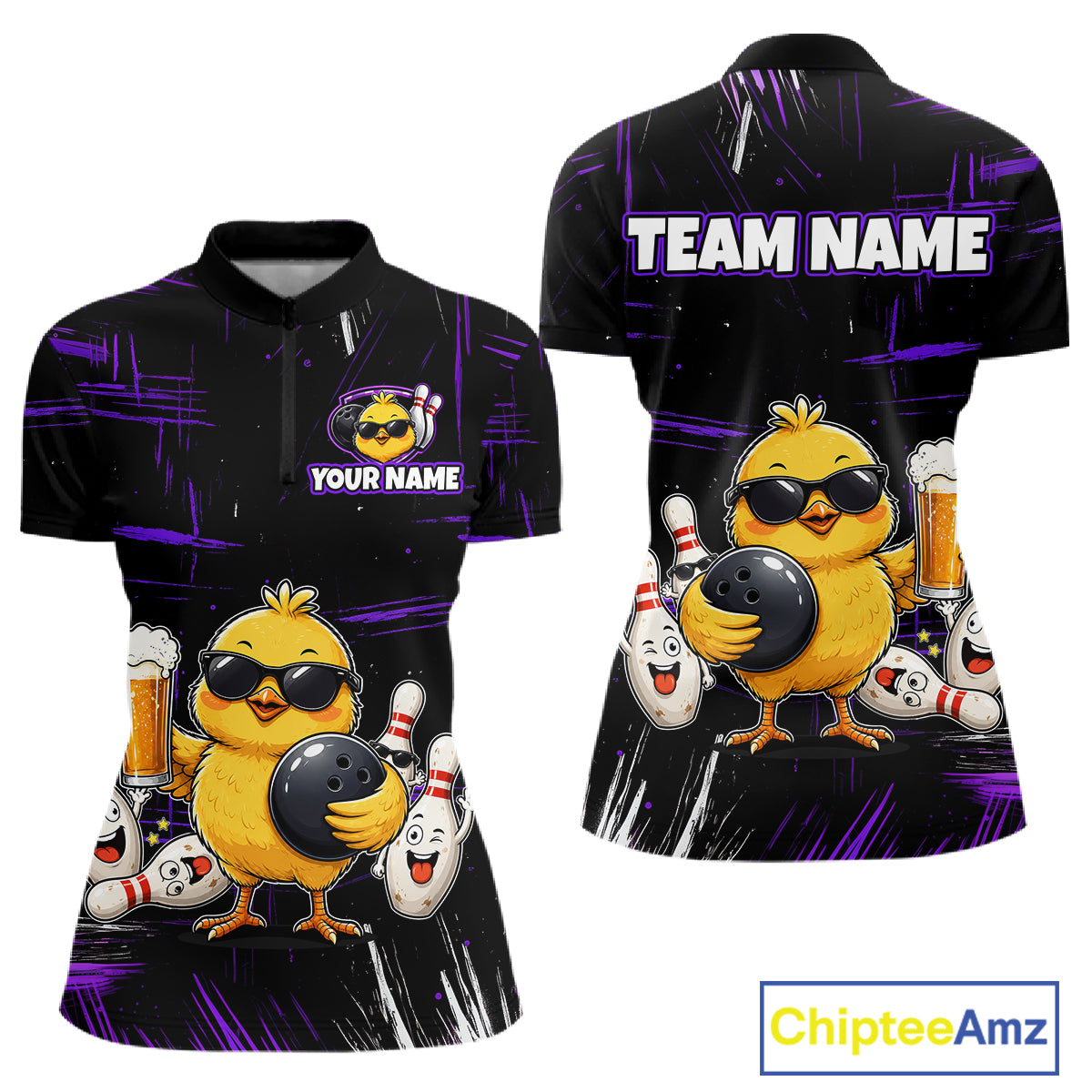 Front and back bowling quarter zip shirt featuring a chick holding a bowling ball surrounded by smiling pins and beer graphics on black yellow background.