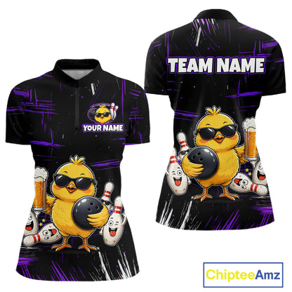 Front and back bowling quarter zip shirt featuring a chick holding a bowling ball surrounded by smiling pins and beer graphics on black yellow background.