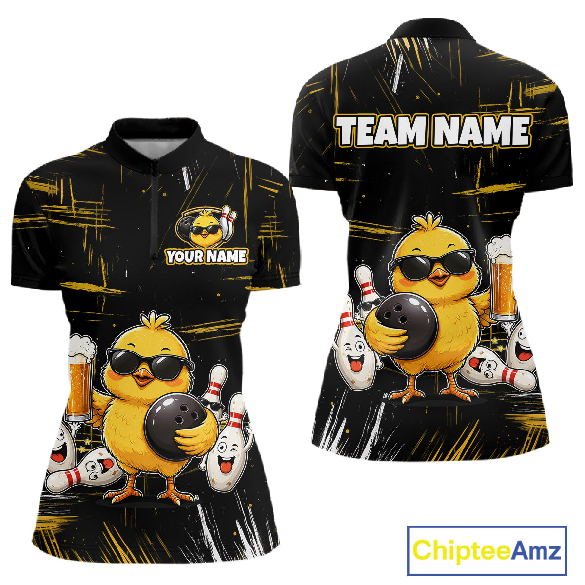Front and back bowling quarter zip shirt featuring a chick holding a bowling ball surrounded by smiling pins and beer graphics on black yellow background.