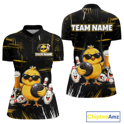 Front and back bowling quarter zip shirt featuring a chick holding a bowling ball surrounded by smiling pins and beer graphics on black yellow background.