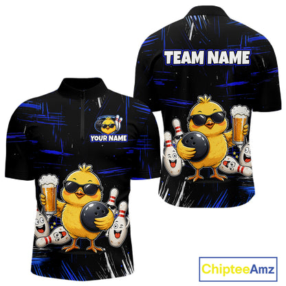 Front and back views of a black bowling quarter zip featuring a sunglasses-wearing yellow chick holding a bowling ball and beer, surrounded by smiling bowling pins, with personalized name and team name text.