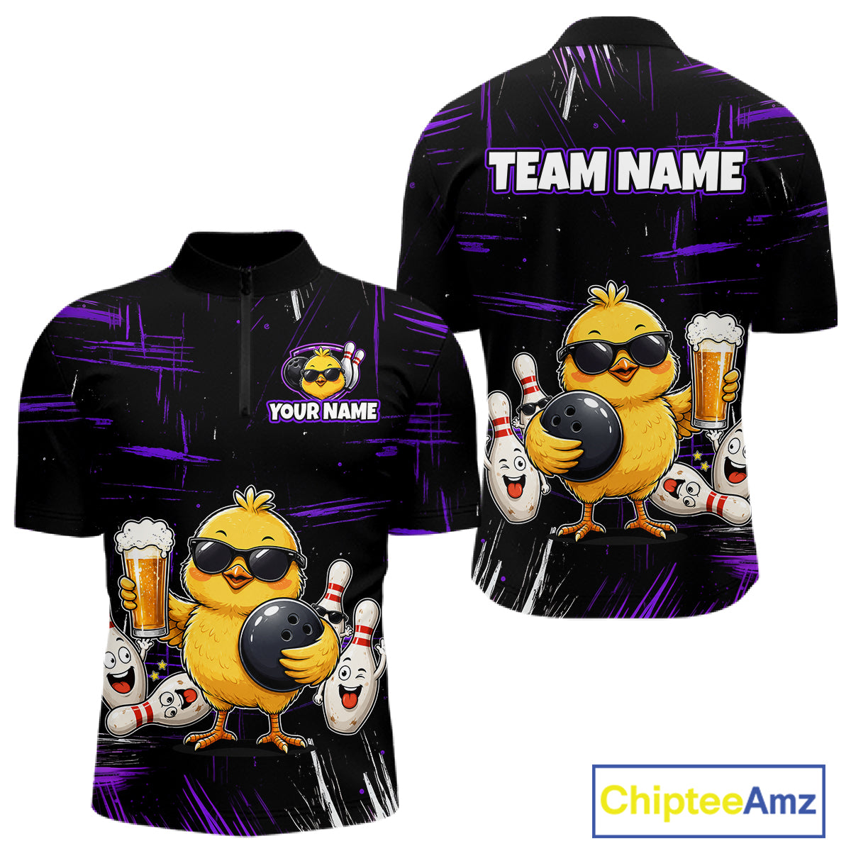 Front and back views of a black bowling quarter zip featuring a sunglasses-wearing yellow chick holding a bowling ball and beer, surrounded by smiling bowling pins, with personalized name and team name text.